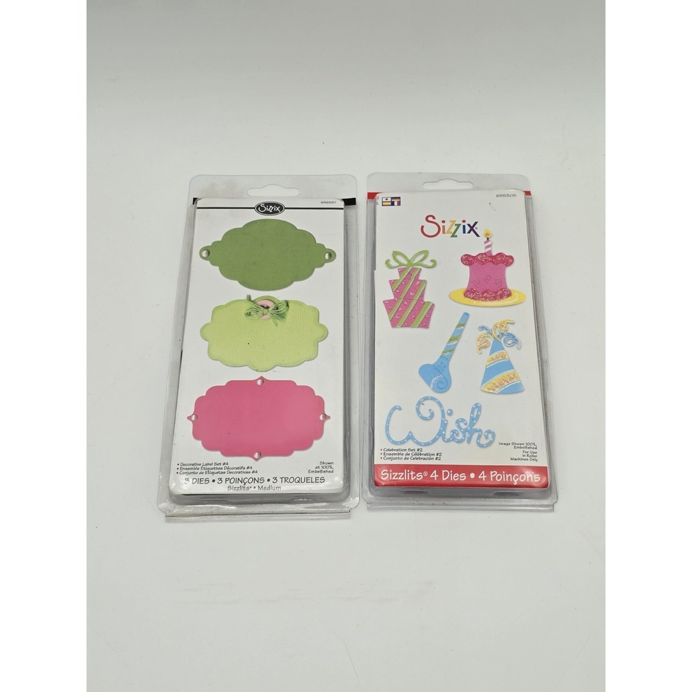 Lot Of 2 Sizzix Sizzlits dies Decorative Labels #4 and Wish Celebration Set #2‎